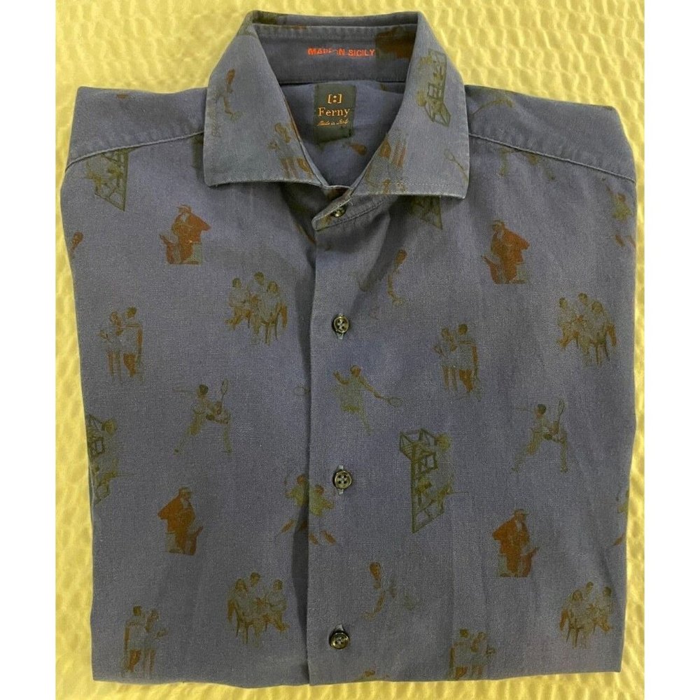 Ferny made in italy Muted Tennis Print‎ Sport Shirt in Blue Size 15.5/39 $295